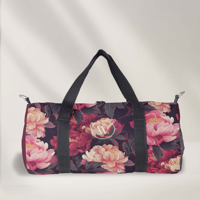 rosa farbige Vintage Blumenmuster, Monogramm Duffle Bag (Red pink flower pattern, women's duffel bag.)
