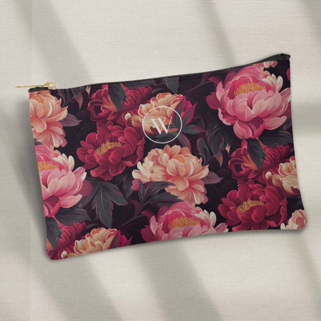 rosa, farbige Vintage Flora, monogramm Zubehörtasche (Red pink flower pattern, women's accessory pouch.)