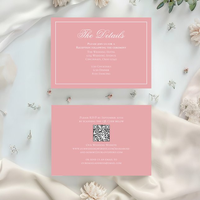 Rosa Farbkalligrafie Elegante Details UAWG Begleitkarte (Blush pink wedding details card with qr code. )