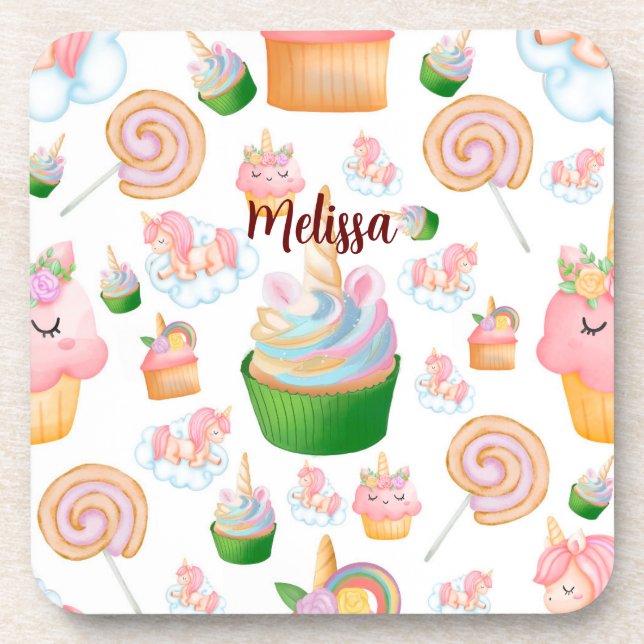 Rosa Farbname Personalisiert Cupcake Unicorn Getränkeuntersetzer (Vorderseite)