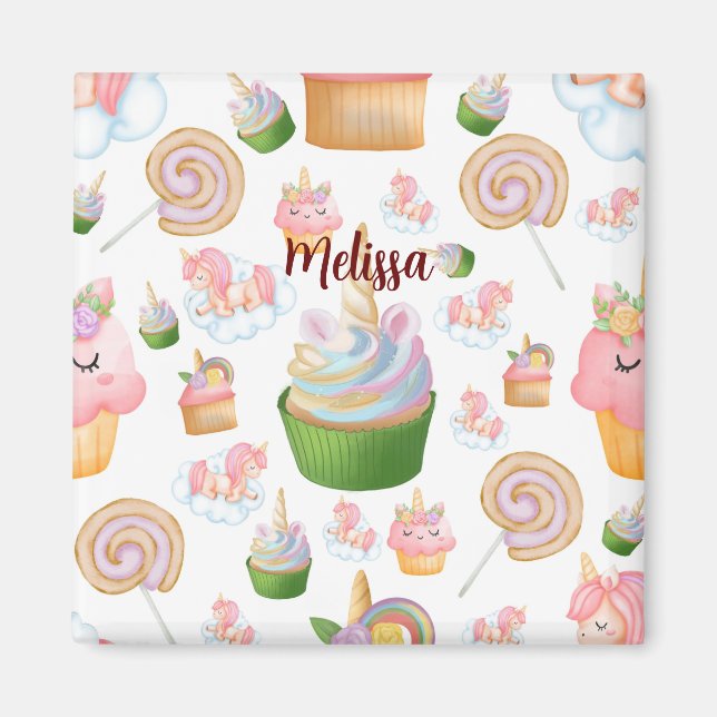 Rosa Farbname Personalisiert Cupcake Unicorn Magnet (Vorne)