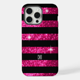 Rosa Faux Glitter & schwarze Streifen DIY Monogr iPhone 15 Pro Max Hülle