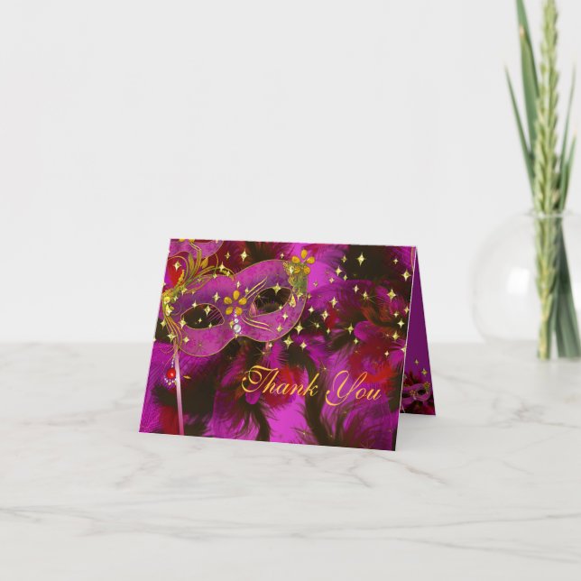 Rosa Feder-Masken-Maskerade-Party danken Ihnen zu Dankeskarte (Vorderseite)