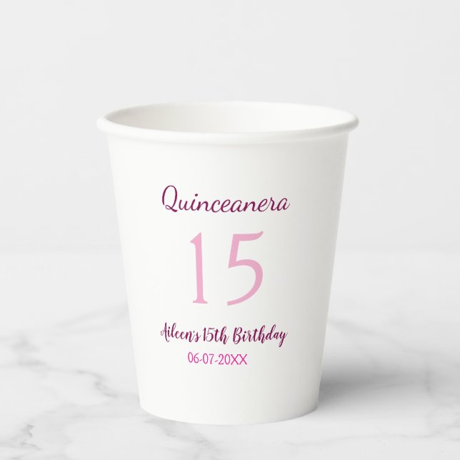Rosa Fee 15. Geburtstag einfache moderne Quinceane Pappbecher (Vorderseite)