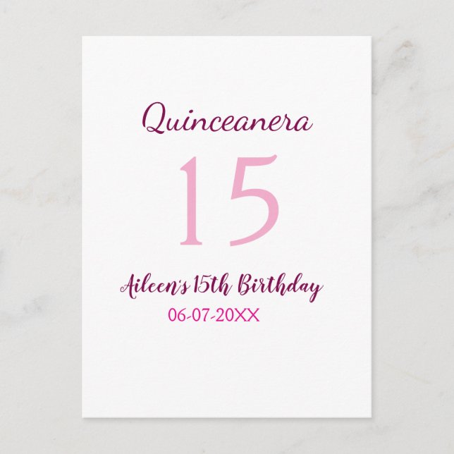 Rosa Fee 15. Geburtstag einfache moderne Quinceane Postkarte (Vorderseite)