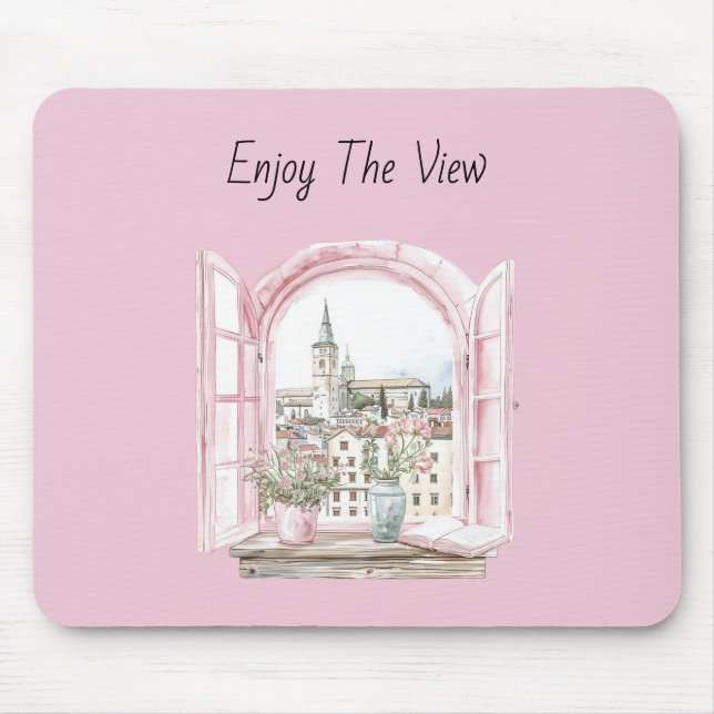 Rosa Fenster Stadtblick Mousepad (Vorne)