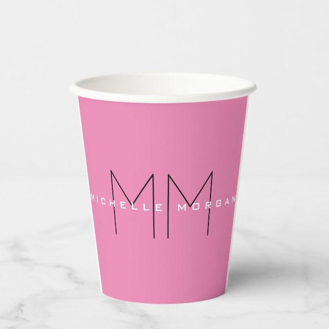 Rosa fett Monogramm Moderne Minimalistische Namens Pappbecher (Vorderseite)