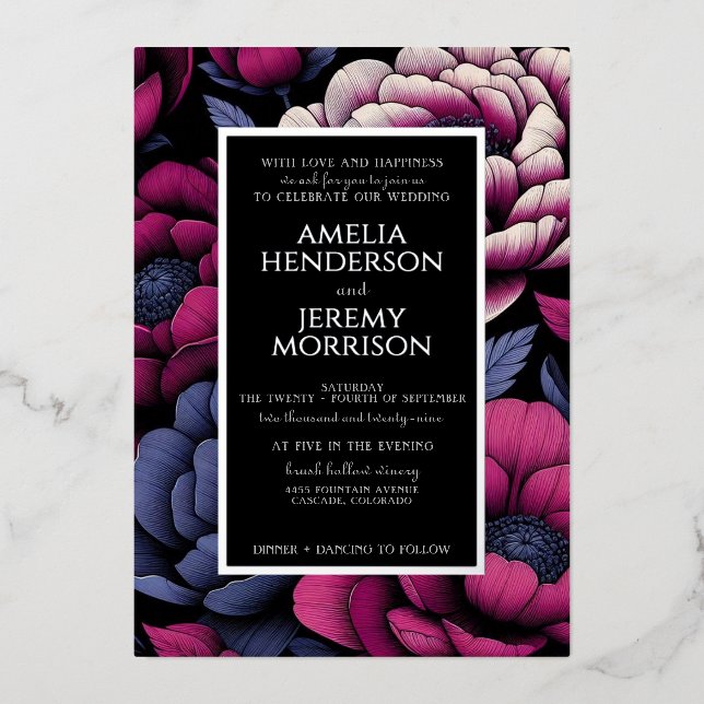 Rosa Fettflora mit Details Foil Einladung (Vorderseite)