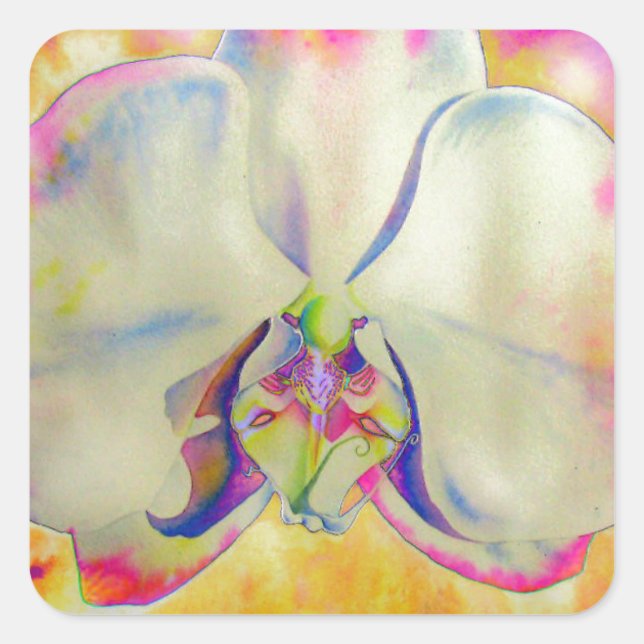 Rosa Feuer Orchid, surrealfarbene Aquarellbilder Quadratischer Aufkleber (Vorderseite)