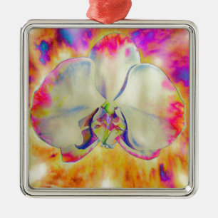 Rosa Feuer Orchid, surrealfarbene Aquarellbilder Silbernes Ornament
