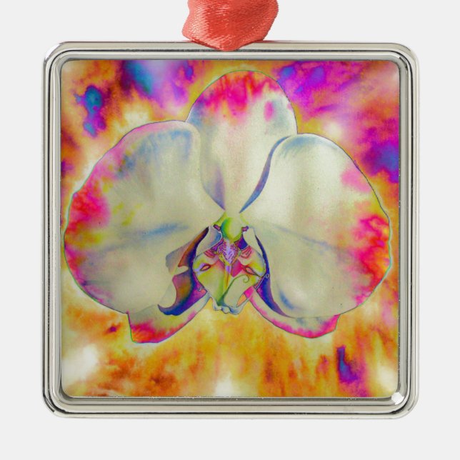 Rosa Feuer Orchid, surrealfarbene Aquarellbilder Silbernes Ornament (Vorne)