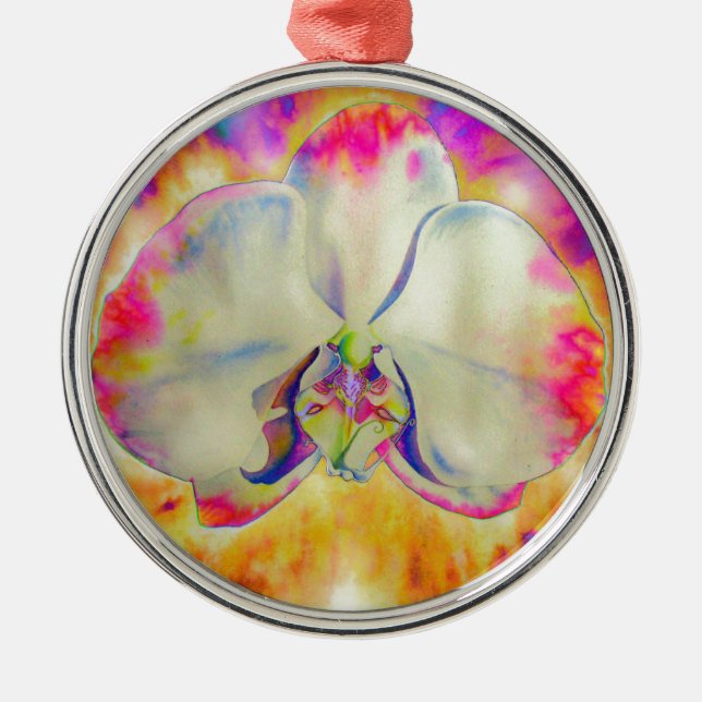 Rosa Feuer Orchid, surrealfarbene Aquarellbilder Silbernes Ornament (Vorne)