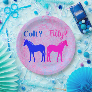 Rosa Filly u. blaues Colt-Western-Art-Geschlecht Pappteller