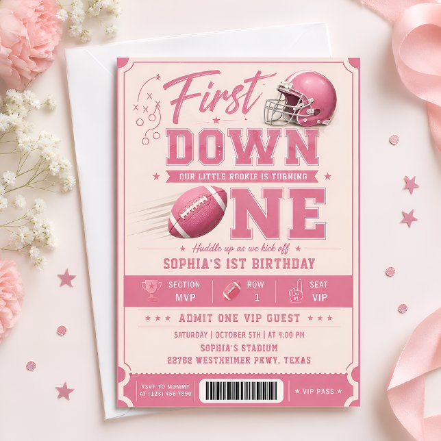 Rosa First Down Eins Fußball 1. Geburtstag Einladung (Von Creator hochgeladen)