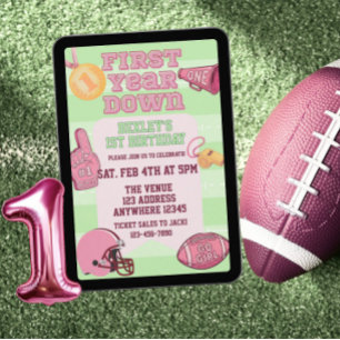 Rosa First Year Down US Football 1. Geburtstag Einladung