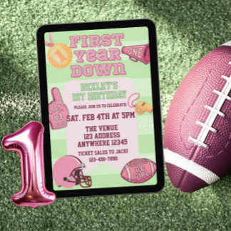 Rosa First Year Down US Football 1. Geburtstag Einladung