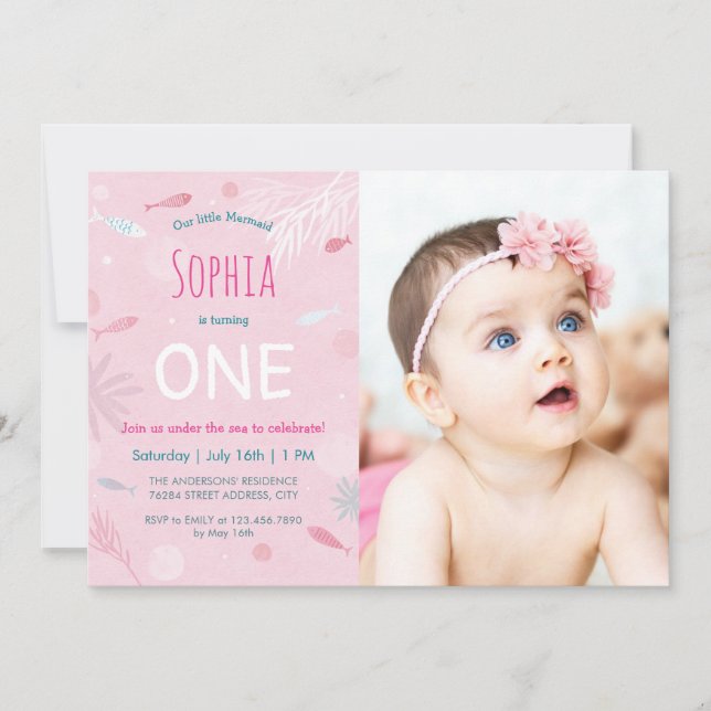 Rosa Fisch Kindergeburtstag Party Fotokarte Einladung (Vorderseite)