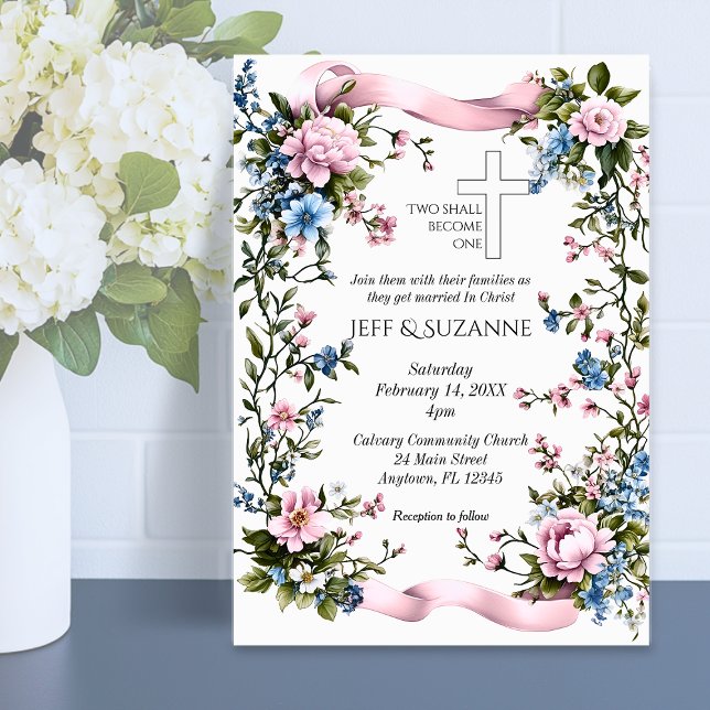 Rosa Flachblütenkreuz zwei wird eins Einladung (Pink Ribbon Floral Cross Two Become One Invitations)