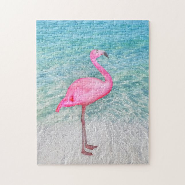 Rosa Flamingo am tropischen Strand Puzzle (Vertikal)