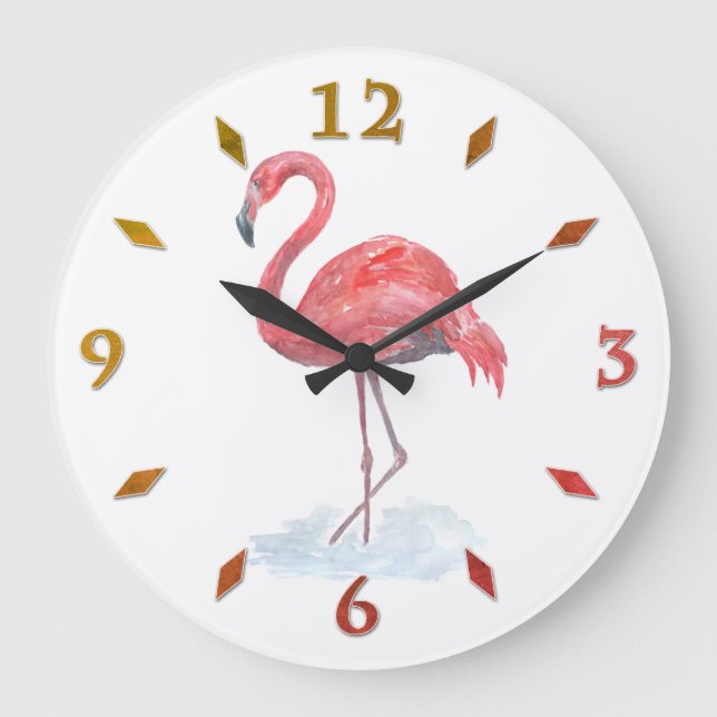Rosa Flamingo Aquarell. Große Wanduhr (Vorderseite)