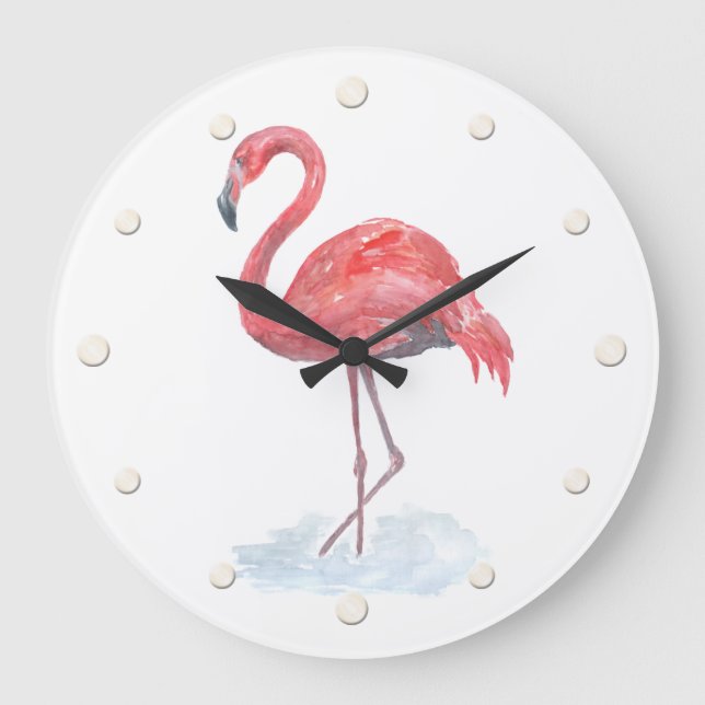 Rosa Flamingo Aquarell. Große Wanduhr (Vorderseite)