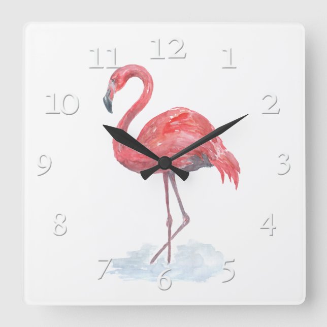 Rosa Flamingo Aquarell. Quadratische Wanduhr (Vorderseite)