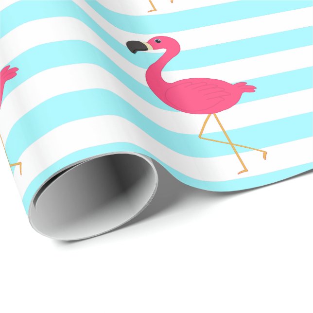Rosa Flamingo auf hellen aquamarinen Streifen Geschenkpapier (Rolleneckpunkt)