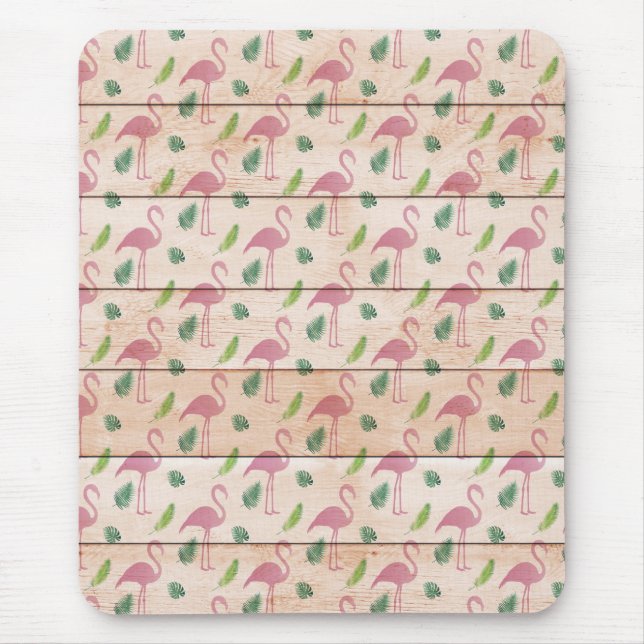 Rosa Flamingo auf Holzmuster Mousepad (Vorne)