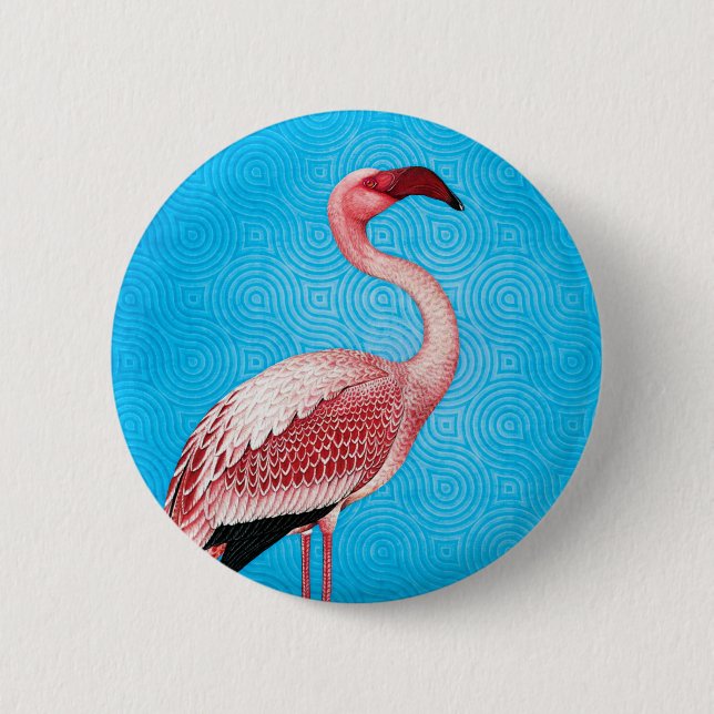 Rosa Flamingo auf Retro blauem Muster Button (Vorderseite)
