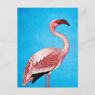 Rosa Flamingo auf Retro Blue Pattern Postkarte