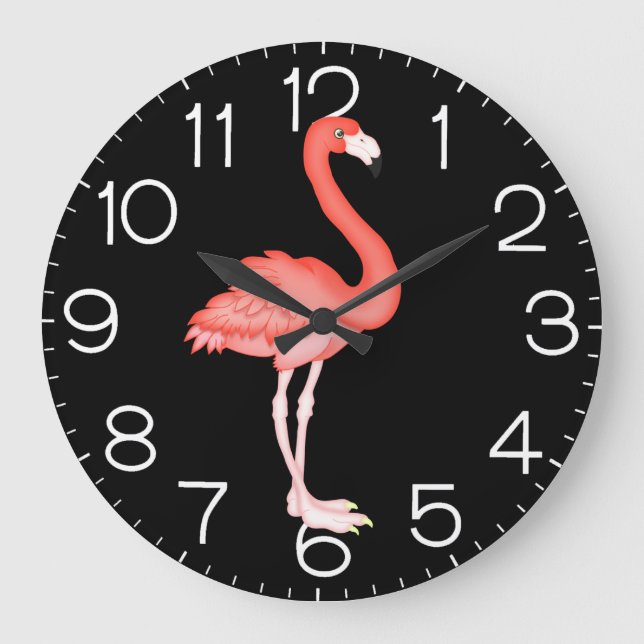 Rosa Flamingo auf schwarz Große Wanduhr (Vorderseite)