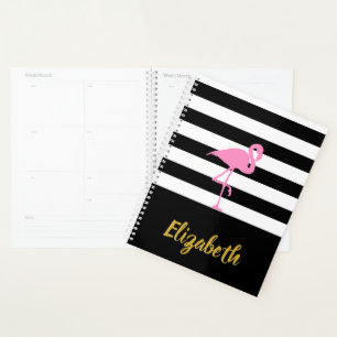 Rosa Flamingo auf Schwarz und Weiß Streifen Planer