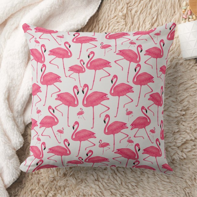 Rosa Flamingo Bird Wasserfarbe auf Light Gray Desi Kissen (Decke)