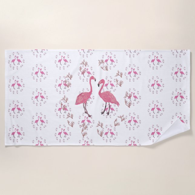 Rosa Flamingo Birds Kunst Strandtuch (Vorderseite)