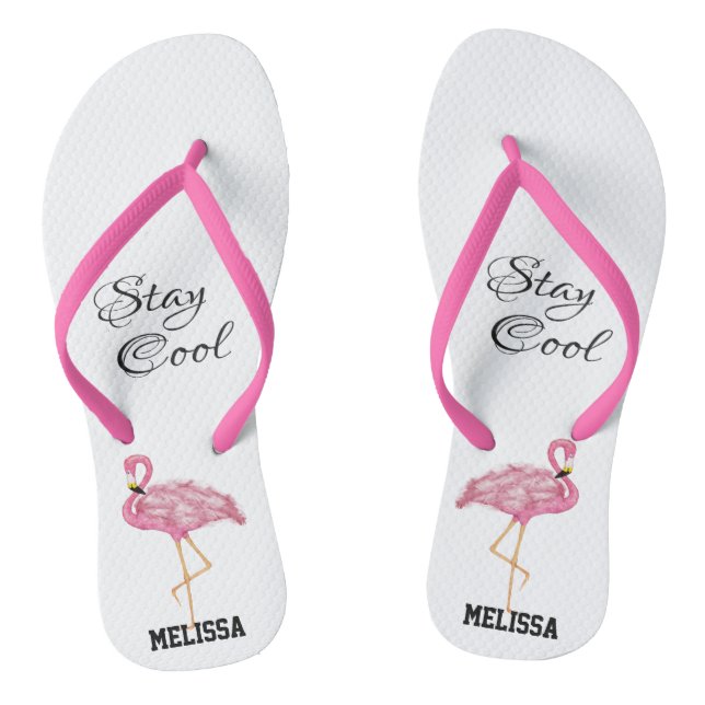 Rosa Flamingo Bleibe Coolen Sommer Name Niedlich S Flip Flops (Fußbett)