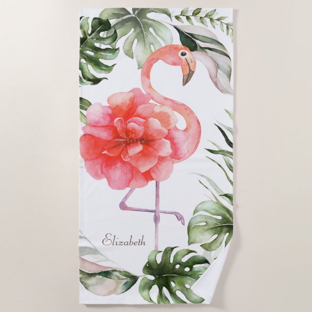 Rosa Flamingo-Blume, Gold Confetti Palm Leaf Strandtuch (Vorderseite)