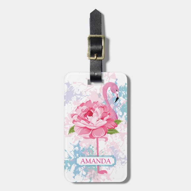 Rosa Flamingo Blumendesign Personalisiert Gepäckanhänger (Vorderseite vertikal)