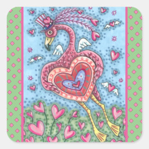 ROSA FLAMINGO CUPID UND FLIEGENDE HERZEN VALENTINS QUADRATISCHER AUFKLEBER
