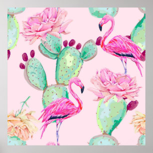 Rosa Flamingo, exotische Vögel, sanfte Blume, Rose Poster