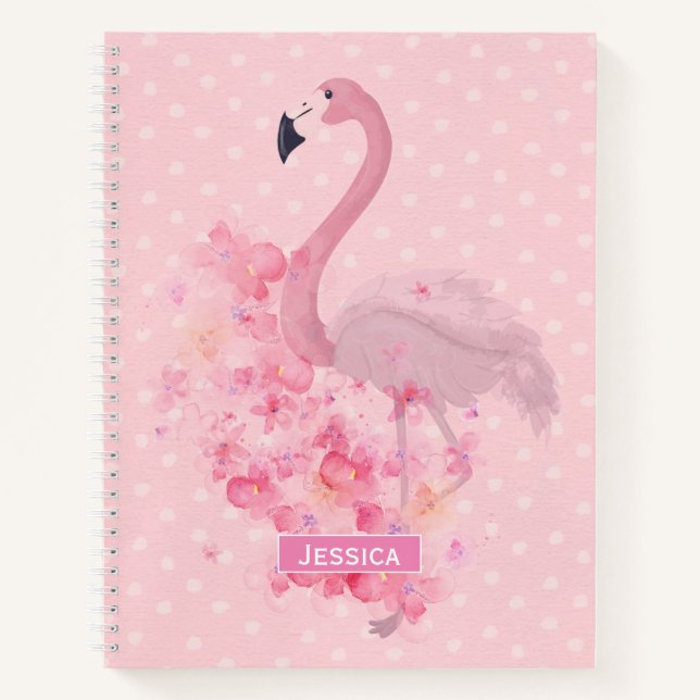 Rosa Flamingo Floral und Punkte genannt Notizbuch (Vorderseite)