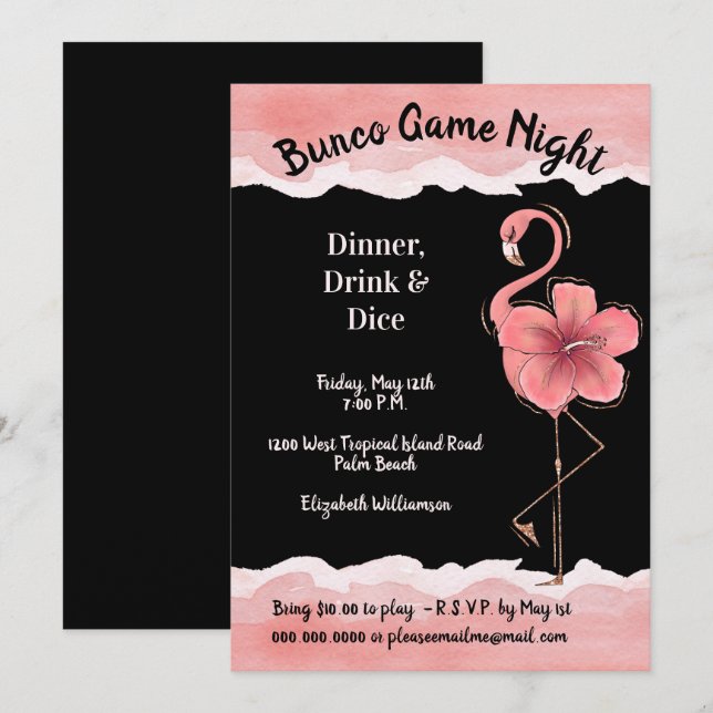 Rosa Flamingo Girls Night Bunco Einladung (Vorne/Hinten)