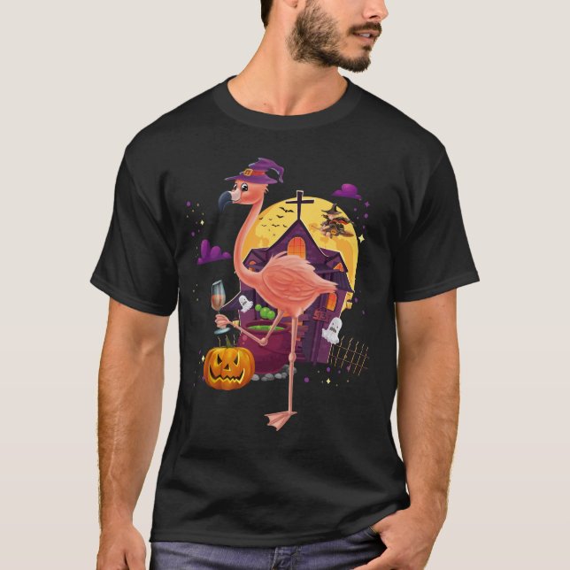 Rosa Flamingo-Hexe-Wein-Kürbis-Halloween-Kostüm T-Shirt (Vorderseite)