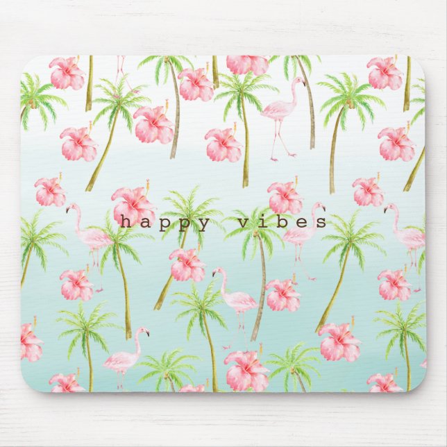 Rosa Flamingo Hibiskus Blume Tropische Palmen Mousepad (Vorne)