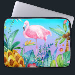 Rosa Flamingo im tropischen Wald Laptopschutzhülle<br><div class="desc">Niedliche, sehr hellrosa und weiße Flamingo Aquarellbilder mit farbenfrohen tropischen Blume und Baumdesign. Hintergrundbild mit lila und türkisfarbenem Farbverlauf.</div>