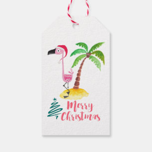Rosa Flamingo in einer Weihnachtsmannmütze mit Pal Geschenkanhänger