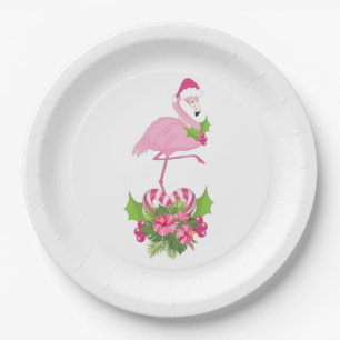 Rosa Flamingo in Weihnachtsmannmütze mit Candy Ca Pappteller