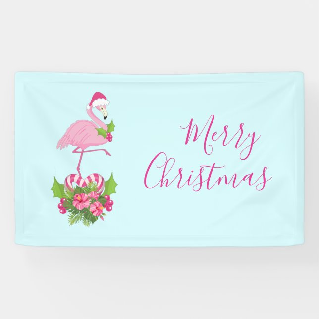 Rosa Flamingo in Weihnachtsmannmütze mit Candy Can Banner (Horizontal)