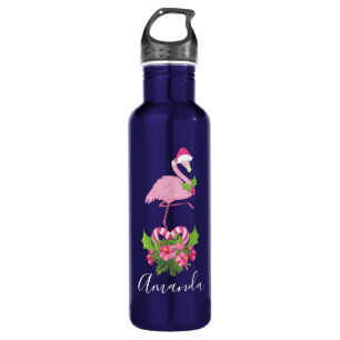 Rosa Flamingo in Weihnachtsmannmütze mit Candy Can Edelstahlflasche