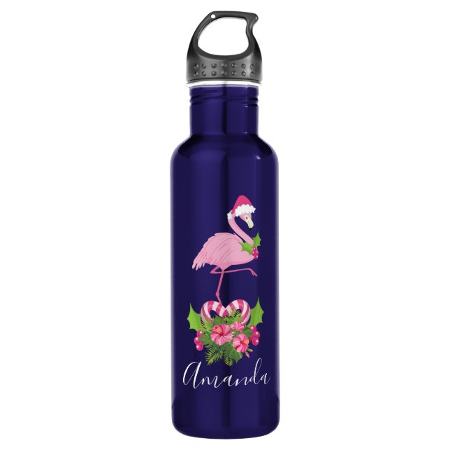 Rosa Flamingo in Weihnachtsmannmütze mit Candy Can Edelstahlflasche (Vorderseite)