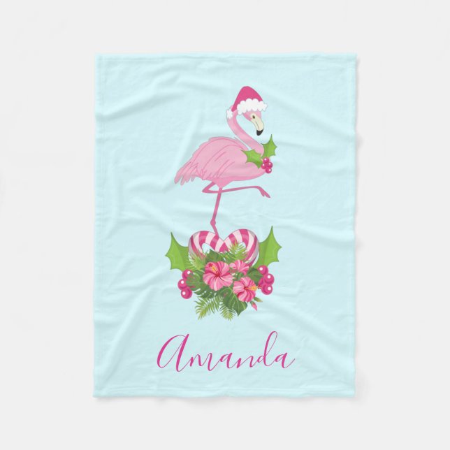 Rosa Flamingo in Weihnachtsmannmütze mit Candy Can Fleecedecke (Vorderseite)